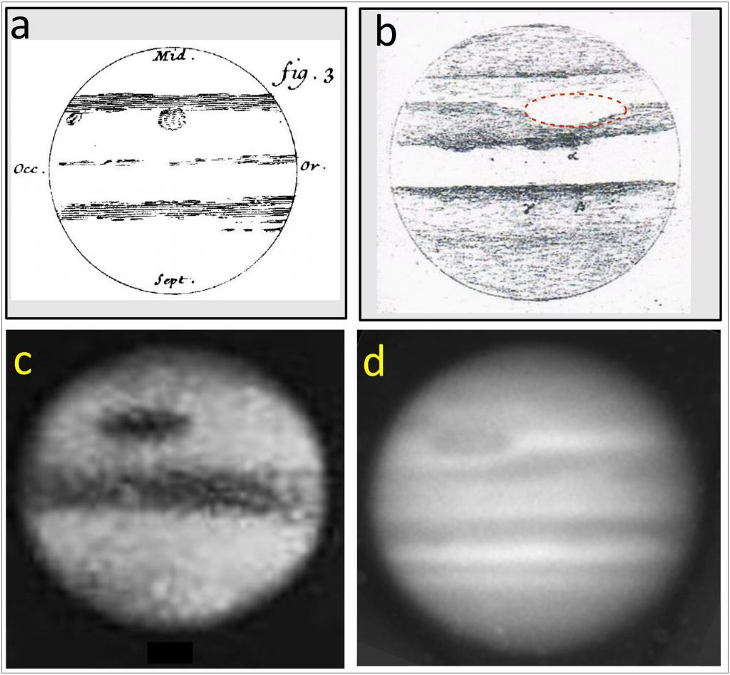 Four views of Jupiter and its GRS.  a is a drawing of the Fixed Spot by GD Cassini from 19 January 1672. b is a drawing by S. Swabe from 10 May 1851. It shows the GRS region as an open circle with the marked boundaries of its Void (given by a dashed red line) .  c is an AA Common Image from 1879. d is an image from Observatory Lick with a yellow filter on October 14, 1890. Each image is an astronomical image of Jupiter with south up and east down.  Photo Credit: Sánchez-Lavega et al.  2024.